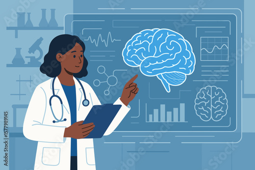 Doctor analyzing brain scan on futuristic virtual interface. Neurologist in a lab coat checking brain testing results. Innovative medical technology, science concept vector.