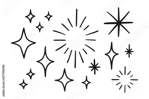 Hand Drawn Sparkle, Starburst, and Shine Doodle Elements for Creative Design—Vector Stars, Bursts, Twinkle, Glitter, and Highlight Icons for Visual Emphasis and Decoration