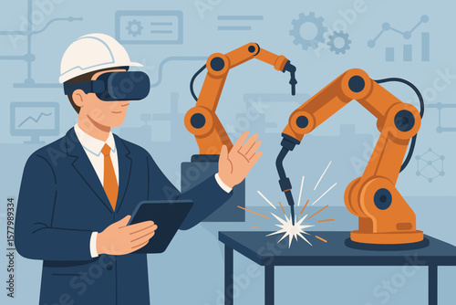 Engineer Manager Using Virtual Reality Headset to Monitor and Control Industrial Robotic Arms Welding Automation in Smart Factory, Advanced Manufacturing Technology Concept