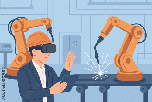 Industrial engineer with VR headset controlling automated robotic arms, welding sparks, smart factory automation, advanced manufacturing technology, industry 4.0 concept