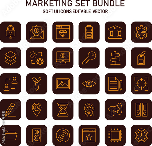 Sophisticated marketing suite icon set bundle for graphic designers and digital strategists, providing a versatile