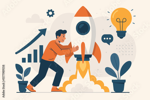 Business Startup Launch Concept. Entrepreneur Pushing Rocket. Innovation, Growth, Success, Investment, Idea, Leadership, Motivation, Teamwork, Strategy, Vision, Progress
