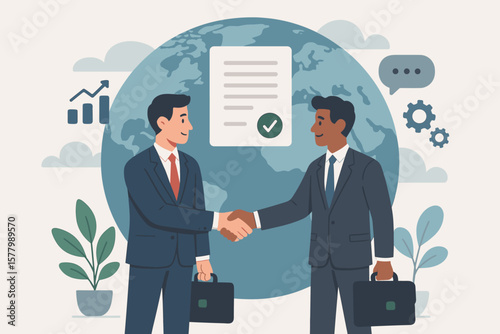 International Business Partnership, Global Deal Agreement, Corporate Collaboration, Handshake, Contract Signing, Successful Cooperation, Flat Vector Illustration, Modern Business Concept