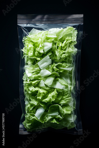Freshly chopped lettuce in a sealed bag ready for salads and cooking in a modern kitchen setting
