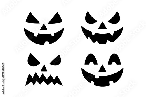 Halloween Pumpkin Jack-o’-Lantern Faces Set of 4, Vector Illustration, Spooky Carved Expressions, Isolated on Transparent Background, Holiday Decoration Clipart