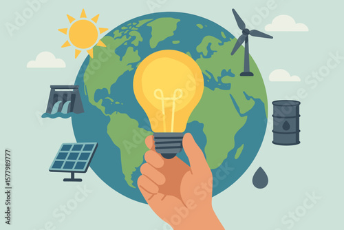Hand Holding Light Bulb in Front of Earth with Renewable and Nonrenewable Energy Source Icons, Sustainable Development, Clean Energy, Ecology, Modern Flat Vector Illustration