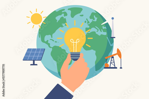 Sustainable Energy Concept—Hand Holding Light Bulb in Front of Globe with Renewable and Nonrenewable Energy Icons, Solar Panel, Wind Turbine, Oil Pump, Sun, Clean Power, Ecology, Environment