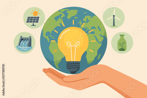 Hand Holding Light Bulb in Front of Globe with Renewable Energy Icons, Sustainable Development, Clean Power, Green Technology, Solar, Wind, Hydro, Eco-Friendly, Environmental Conservation