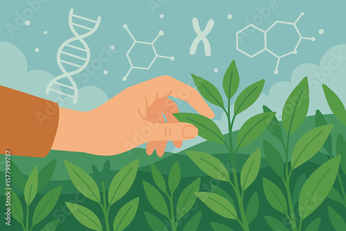 Genetic engineering in agriculture concept. Hand touching green plants in nursery, DNA helix, chromosome, molecular structure, biotechnology, plant research, gene modification