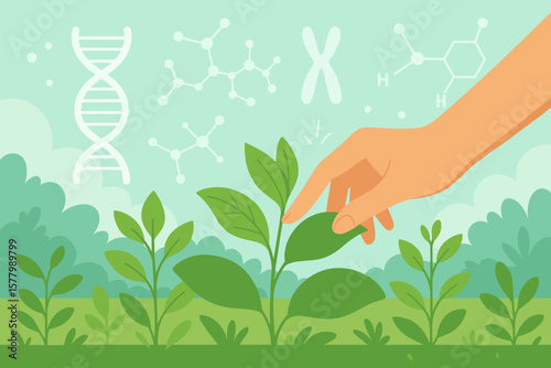 Genetic engineering in agriculture concept. Hand touching green plant with DNA, chromosome, molecular structure. Biotechnology, plant research, genetics, biochemistry, laboratory science.