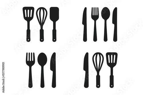 Kitchen Utensils and Cutlery Icon Set – Spatula, Whisk, Knife, Fork, Spoon Silhouettes for Culinary, Cooking, Restaurant, Chef, Food Service, Kitchenware, Vector Illustration