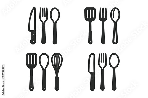 Kitchen Utensils and Cutlery Icon Set – Knives, Forks, Spoons, Spatulas, Whisks, Cooking Tools, Restaurant, Culinary, Food Preparation, Black Silhouette Vector Illustration