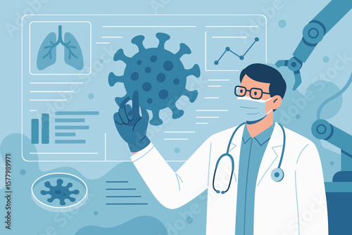 Medical doctor analyzing coronavirus COVID-19 data on virtual screen with robotic technology, healthcare diagnostics, virus research, laboratory innovation, pandemic science concept