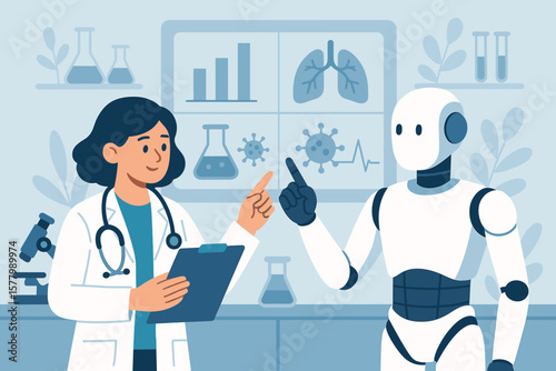 Medical Doctor and Robot Collaborate in Laboratory for Disease Diagnosis, AI Healthcare Research, Patient Test Analysis, Virtual Data Screen, Virus Inhibition, Modern Medicine