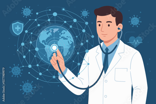 Doctor with stethoscope touching global digital network, healthcare technology, virus data spreading on hologram, modern virtual interface, medical innovation, digital health concept