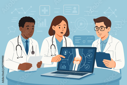 Medical team meeting for osteoarthritis diagnosis. Doctors analyzing knee joint pain results on laptop. Healthcare professionals discuss modern virtual interface, joint ache, orthopedics