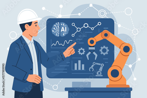 Industrial engineer manager controlling robotic arm with AI monitoring system, automation technology, smart factory, data analysis, industry 4.0, network connection, vector illustration