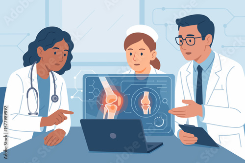 Medical team consultation analyzing osteoarthritis knee joint pain diagnosis with digital technology, doctors discussing test results, virtual interface, healthcare innovation