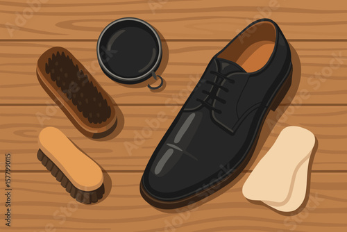 Professional Shoe Shine Kit and Black Leather Dress Shoe on Wooden Floor. Realistic Vector Illustration of Shoe Polish, Brushes, Cloths. Footwear Care and Cleaning Accessories Concept