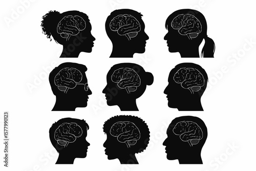 Diverse Human Head Silhouettes with Brain Anatomy, Varied Hairstyles, Male and Female Profiles, Psychology, Mental Health, Idea, Thought, Mystery, Concept, Black on White