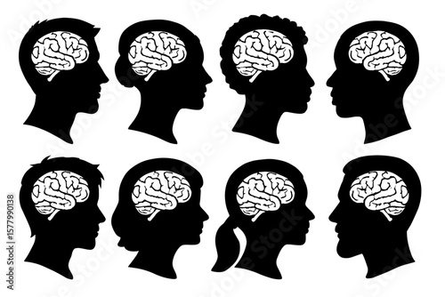 Diverse Human Head Silhouettes with Brain Outline Collection, Male and Female Profiles, Different Hairstyles, Psychology, Mental Health, Idea, Thought, Concept, Black and White