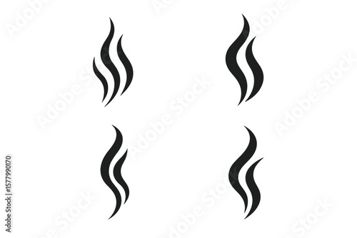 Smoke swirl icons, abstract steam symbols, curvy lines, flowing shapes, minimalist vapor design elements for smoke, heat, or aroma. Modern decorative logo pattern set.
