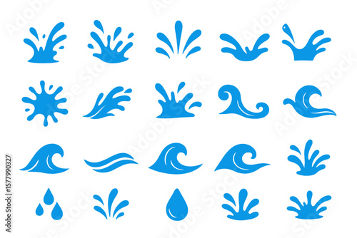 Set of 20 Blue Water Splash Vector Designs, Wave Icons, Liquid Clipart, Ocean Elements, Aquatic Illustrations, Fluid Effects, Wave Patterns, Splash Graphics Collection
