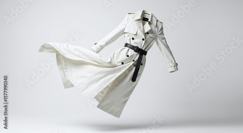 White Trench Coat with Black Belt Floating in Air on Light Gray Background