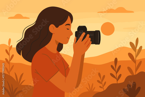 Young woman holding camera in hand at sunset with nature background. Modern flat vector cartoon illustration of outdoor photography, travel, sunset light, and scenic landscape.