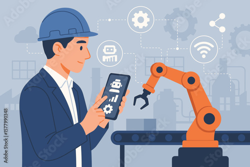 Engineer with smartphone controlling robotic arm on conveyor belt. Smart factory automation, Industry 4.0 concept. Manufacturing technology and IoT. Industrial robot management.
