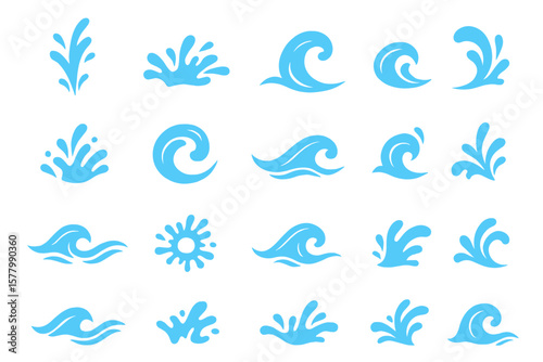 Water splash vector set with 20 blue splash icons and wave graphics, liquid clipart, ocean elements, aquatic illustrations, wave patterns, fluid effects, versatile water design collection
