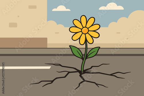 Yellow flower growing through cracked street pavement, resilience and hope concept, modern flat vector cartoon, urban nature contrast, spring bloom, green leaves