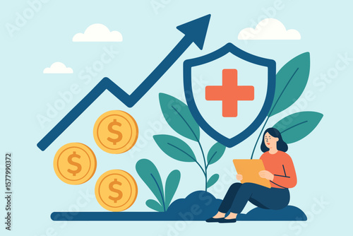 Health insurance, financial planning concept. Medical savings for rising healthcare costs. Woman plans with money, protection shield. Investment for security and wealth growth.