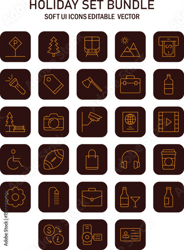 Comprehensive collection of soft user interface icons depicting holiday set bundle related symbols suitable for web