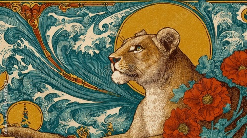 Lioness portrait, ornate frame