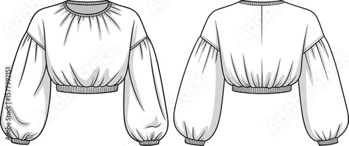 Women's Cropped White Sweatshirt with Ribbed Hem and Voluminous Gathered Sleeves Fashion Flat Sketch CAD Drawing Vector Illustration