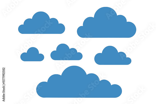 Blue cloud silhouette set. Simple flat cartoon vector illustration collection. Weather symbol for sky, nature design element. Think bubble icon isolated on white background.