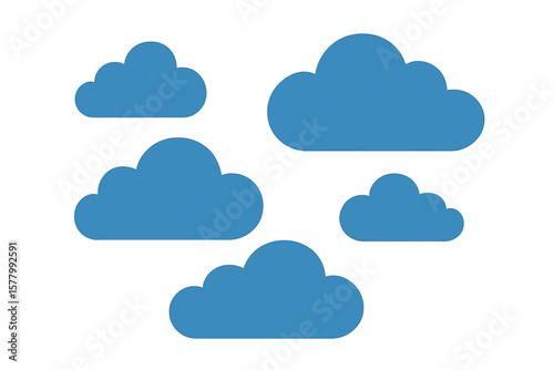 Set of blue clouds isolated on white. Simple flat icon silhouette. Symbol of weather, sky, atmosphere. Vector for cloud computing, data storage, network technology service.
