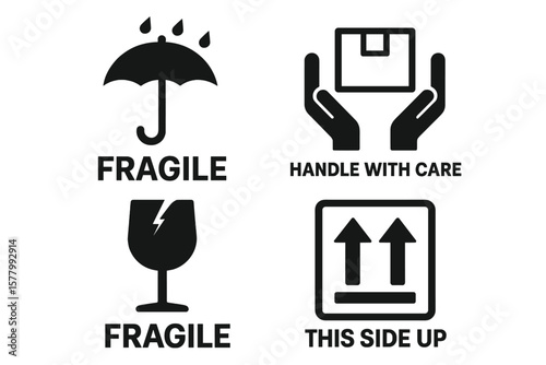 Packaging and warning symbols set, fragile cargo icons, fragile package signs, umbrella, box in hands, broken glass, this side up box, logistics, delivery, shipping vector