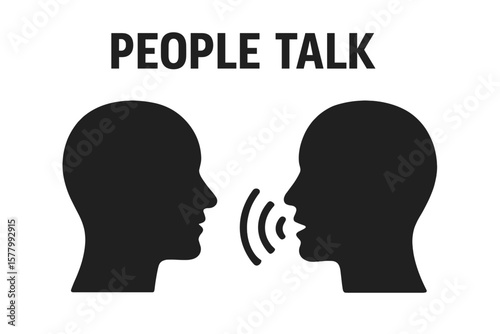 Two people talk silhouette icon. Communication, conversation, dialogue concept. Man speaking, with voice and sound waves. Listen and hear. Psychology, therapy or discussion.
