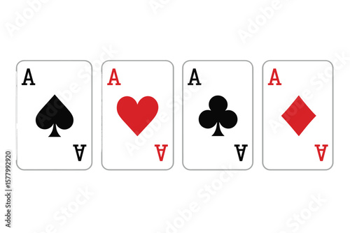 Four aces playing cards vector illustration set. Poker hand of all suits, hearts, spades, clubs, and diamonds. Casino, gambling, and tabletop game concept design element.