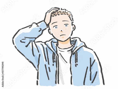 Worried young man with short hair wearing a blue hoodie, looking concerned against a plain white background, mental health awareness concept of counseling or therapy