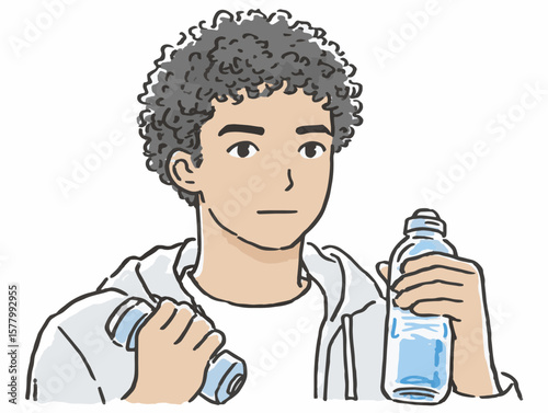 Young man with curly hair exercising, holding weights and a water bottle, against a simple white background, fitness concept of gym or wellness center