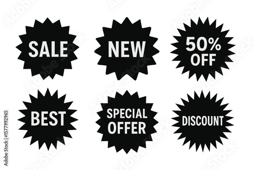 Starburst sale stickers set. Black promotional badges for retail. Special offer, new, and discount price tags. Vector sunburst shapes for marketing and e-commerce design.