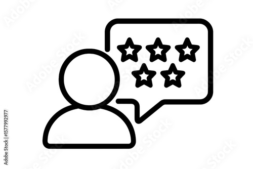 Customer review icon with five stars for feedback. User experience and satisfaction rating symbol. Testimonial and consumer report concept. Quality evaluation linear pictogram.