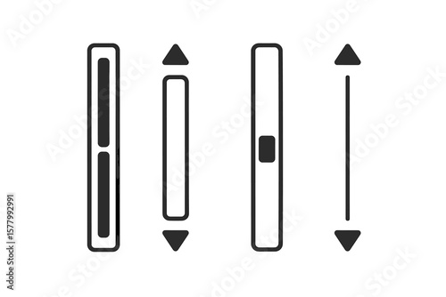 Scrollbar vector icon set. UI UX graphic design elements. Web and mobile app interface navigation widget. Scroll bar slider symbol for website. Up and down progress indicator.