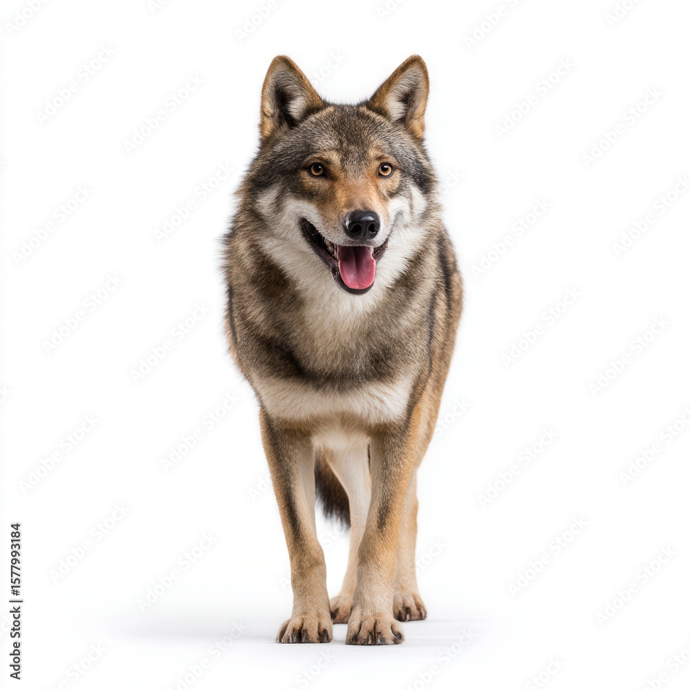 Friendly wolf with gray and tan fur standing alert with mouth open against clean white background, perfect for wildlife conservation advertising Friendly wolf with gray and tan fur standing alert with mouth open against clean white background, perfect for wildlife conservation advertising