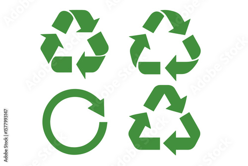 Recycle symbol icon set. Green arrows recycling logo collection. Eco friendly environment concept. Waste reduction and reuse sign. Sustainability and conservation graphic element.