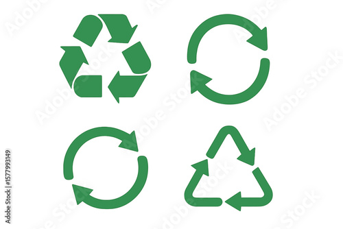 Set of green arrow recycle icons. Using recycled resources concept. Recycling symbol collection. Environment and ecology illustration. Mobius loop and circular arrows vector.