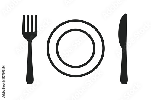 Minimalist Table Setting Vector Illustration. Fork, Knife, Plate Icon Set. Modern Black and White Dining Symbols. Restaurant, Cafe, Food Service, Meal, Cutlery, Kitchenware, Place Setting Concept